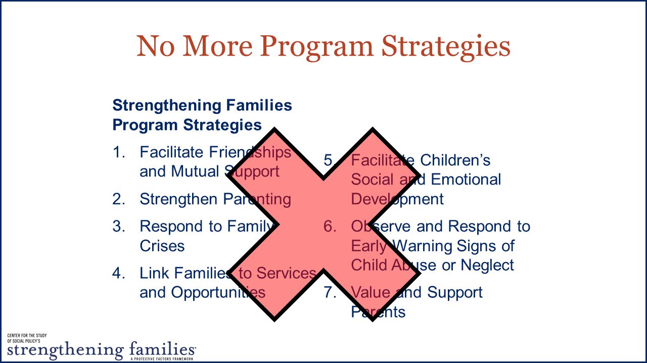 No More Program Strategies Strengthening Families Program Strategies 1.Facilitate Friendships and Mutual Support 2.Strengthen Parenting 3.Respond to Family Crises 4.Link Families to Services and Opportunities 5.Facilitate Children’s Social and Emotional Development 6.Observe and Respond to Early Warning Signs of Child Abuse or Neglect 7.Value and Support Parents