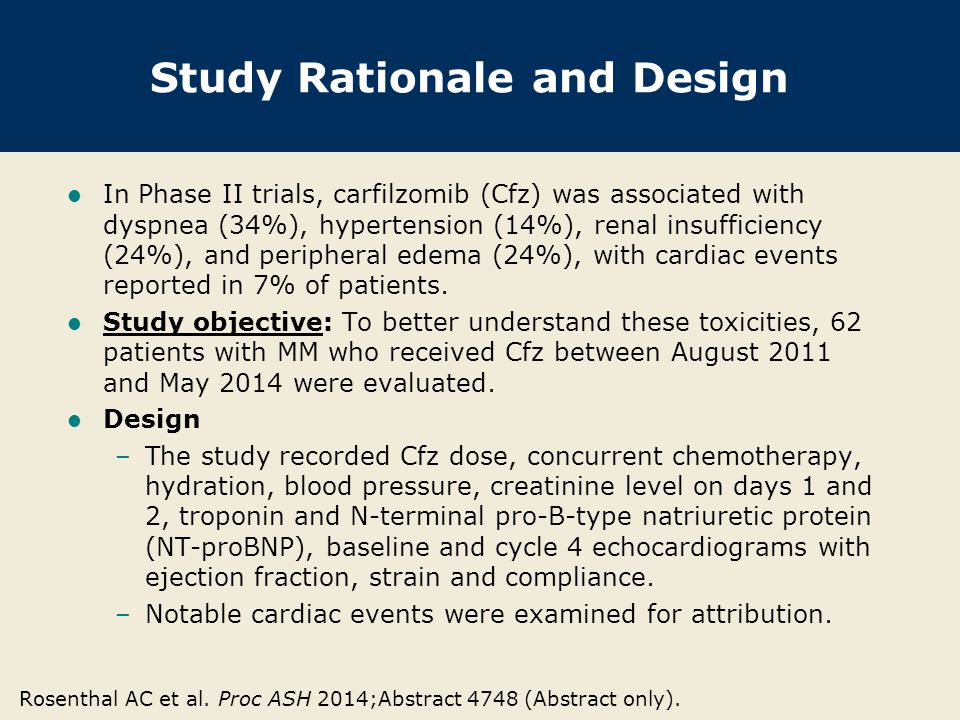 Study Rationale and Design In Phase II trials, carfilzomib (Cfz) was associated with dyspnea (34%), hypertension (14%), renal insufficiency (24%), and peripheral edema (24%), with cardiac events reported in 7% of patients.