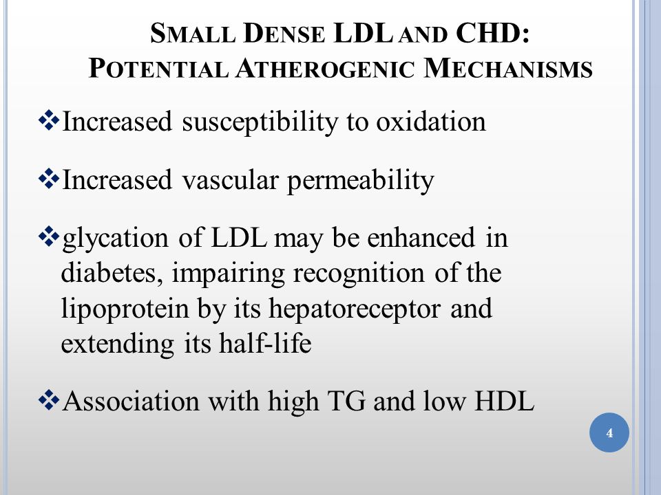  Increased susceptibility to oxidation  Increased vascular permeability  glycation of LDL may be enhanced in diabetes, impairing recognition of the lipoprotein by its hepatoreceptor and extending its half-life  Association with high TG and low HDL S MALL D ENSE LDL AND CHD: P OTENTIAL A THEROGENIC M ECHANISMS 4