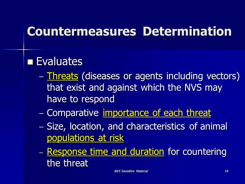 NVS Sensitive Material14 Countermeasures Determination Evaluates Evaluates – Threats (diseases or agents including vectors) that exist and against which the NVS may have to respond – Comparative importance of each threat – Size, location, and characteristics of animal populations at risk – Response time and duration for countering the threat