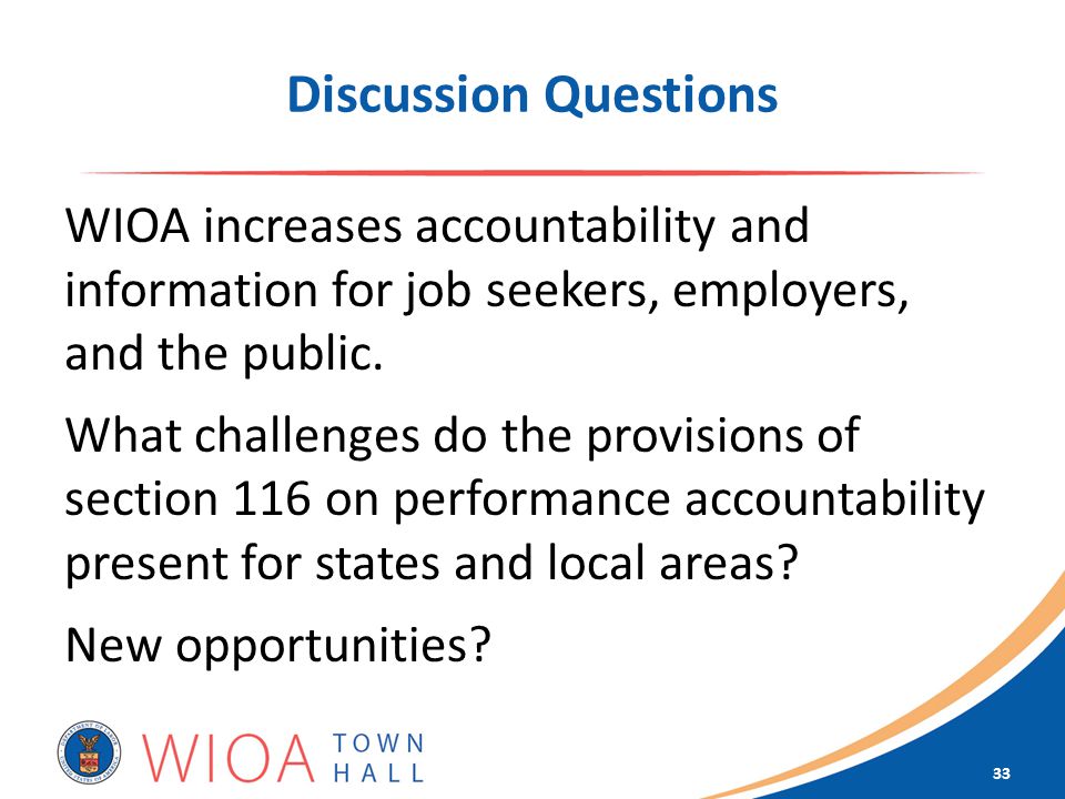 Discussion Questions WIOA increases accountability and information for job seekers, employers, and the public.
