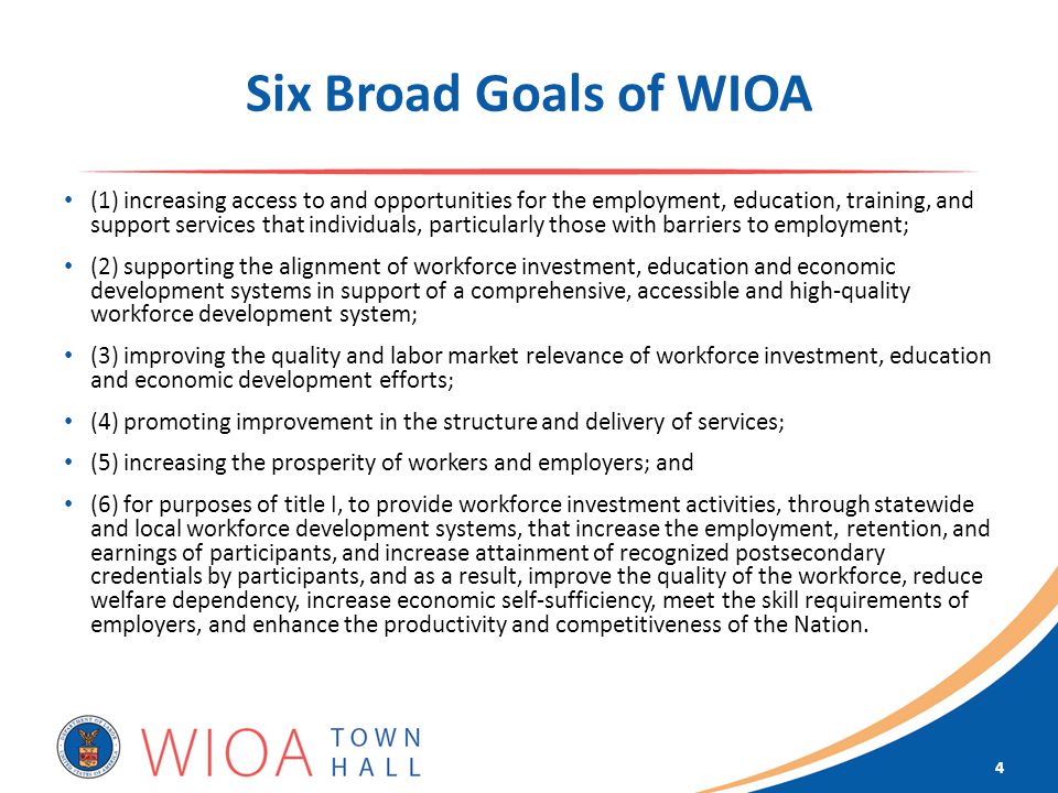 Six Broad Goals of WIOA (1) increasing access to and opportunities for the employment, education, training, and support services that individuals, particularly those with barriers to employment; (2) supporting the alignment of workforce investment, education and economic development systems in support of a comprehensive, accessible and high-quality workforce development system; (3) improving the quality and labor market relevance of workforce investment, education and economic development efforts; (4) promoting improvement in the structure and delivery of services; (5) increasing the prosperity of workers and employers; and (6) for purposes of title I, to provide workforce investment activities, through statewide and local workforce development systems, that increase the employment, retention, and earnings of participants, and increase attainment of recognized postsecondary credentials by participants, and as a result, improve the quality of the workforce, reduce welfare dependency, increase economic self-sufficiency, meet the skill requirements of employers, and enhance the productivity and competitiveness of the Nation.