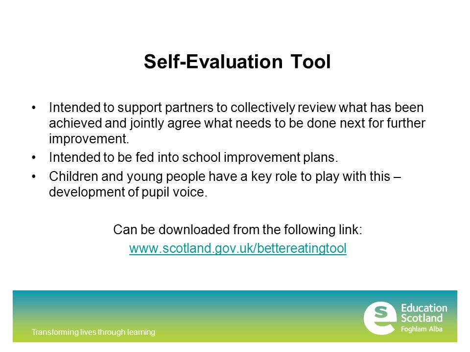 Transforming lives through learning Self-Evaluation Tool Intended to support partners to collectively review what has been achieved and jointly agree what needs to be done next for further improvement.