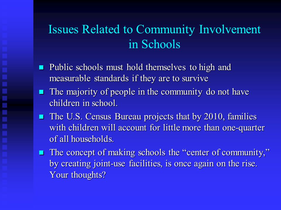 Issues Related to Community Involvement in Schools Public schools must hold themselves to high and measurable standards if they are to survive Public schools must hold themselves to high and measurable standards if they are to survive The majority of people in the community do not have children in school.