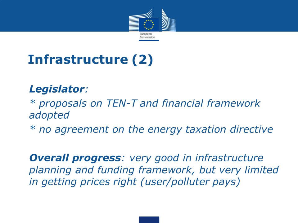 Infrastructure (2) Legislator: * proposals on TEN-T and financial framework adopted * no agreement on the energy taxation directive Overall progress: very good in infrastructure planning and funding framework, but very limited in getting prices right (user/polluter pays)