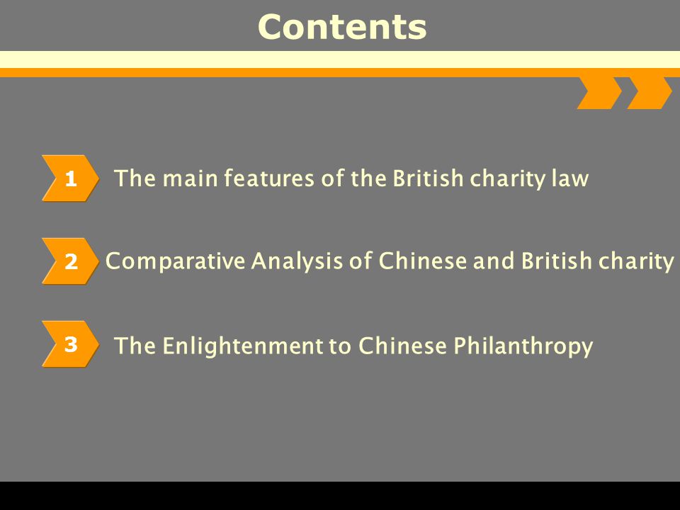 The main features of the British charity law Contents 1 Comparative Analysis of Chinese and British charity 2 The Enlightenment to Chinese Philanthropy 3