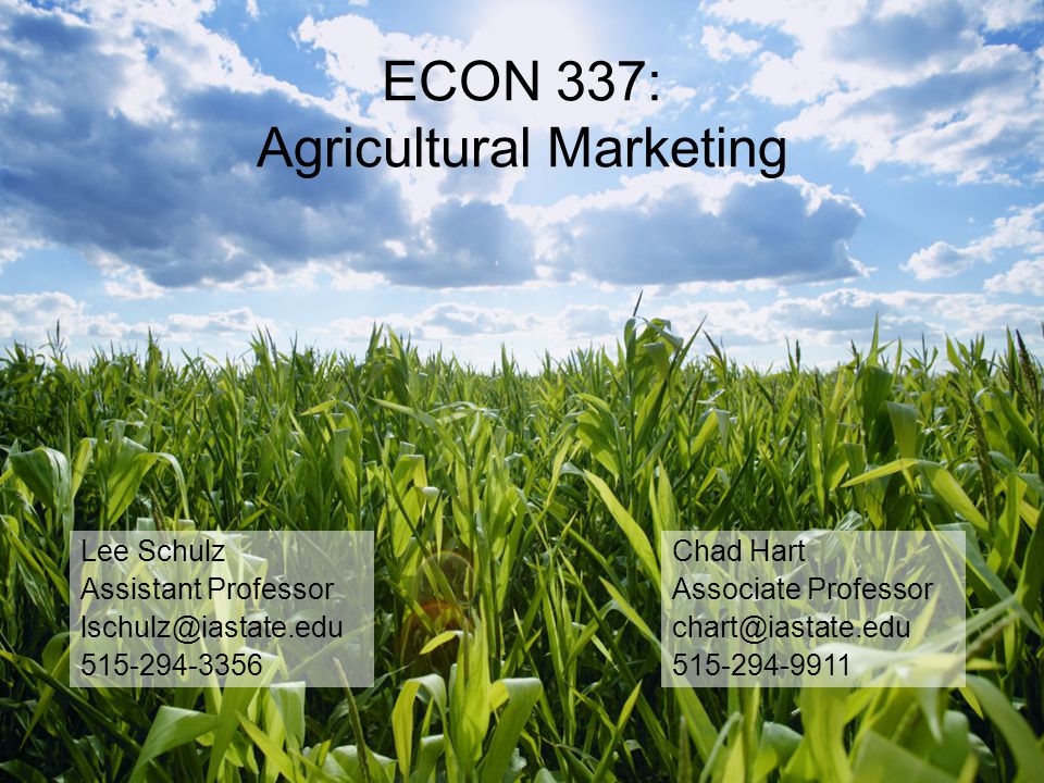 ECON 337: Agricultural Marketing Chad Hart Associate Professor Lee Schulz Assistant Professor