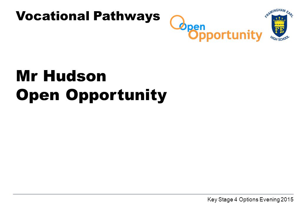 Vocational Pathways Mr Hudson Open Opportunity Key Stage 4 Options Evening 2015