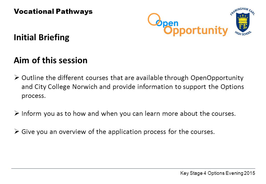 Vocational Pathways Initial Briefing Aim of this session  Outline the different courses that are available through OpenOpportunity and City College Norwich and provide information to support the Options process.