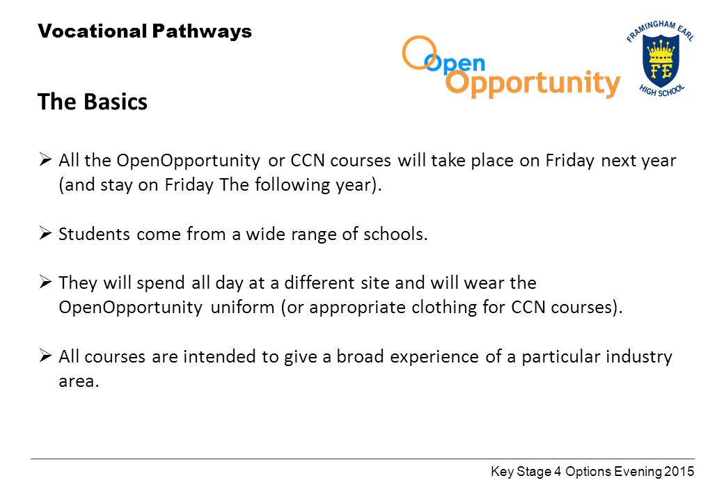 Key Stage 4 Options Evening 2015 Vocational Pathways The Basics  All the OpenOpportunity or CCN courses will take place on Friday next year (and stay on Friday The following year).