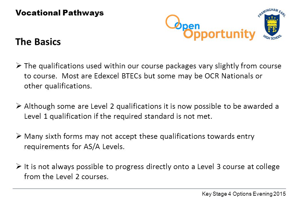 Key Stage 4 Options Evening 2015 Vocational Pathways The Basics  The qualifications used within our course packages vary slightly from course to course.