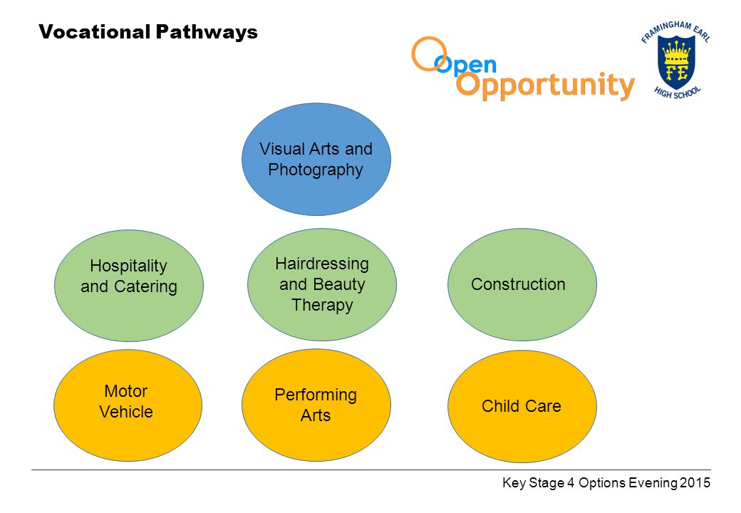 Key Stage 4 Options Evening 2015 Vocational Pathways Visual Arts and Photography Hospitality and Catering Hairdressing and Beauty Therapy Construction Motor Vehicle Child Care Performing Arts