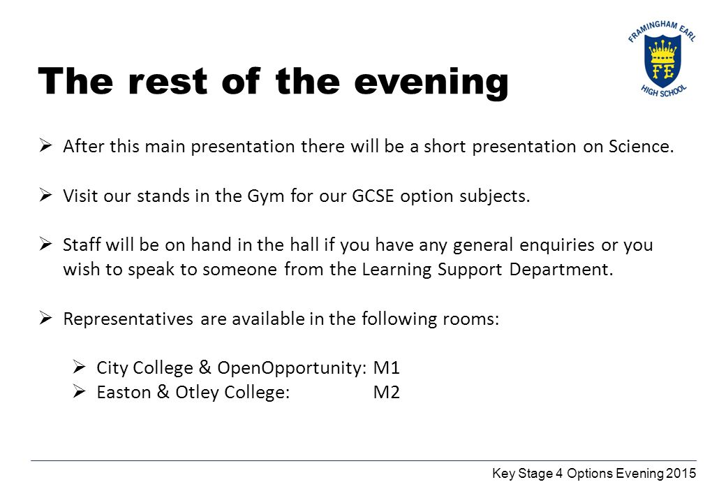 Key Stage 4 Options Evening 2015 The rest of the evening  After this main presentation there will be a short presentation on Science.