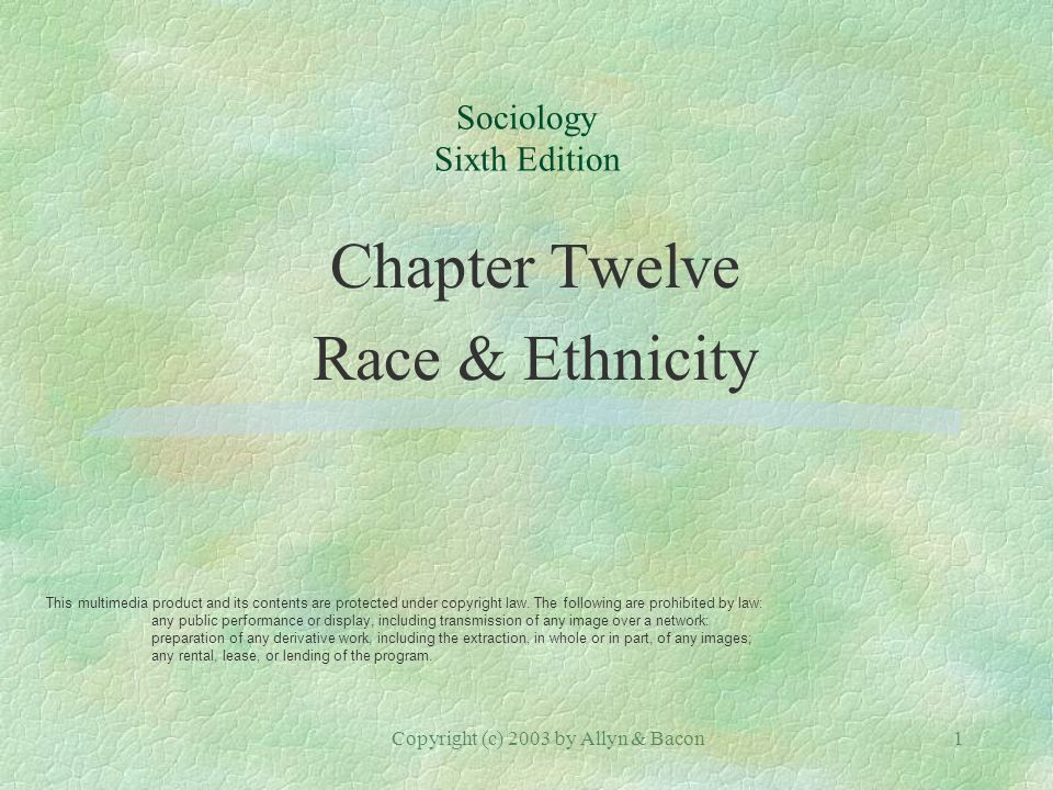 Copyright (c) 2003 by Allyn & Bacon1 Sociology Sixth Edition Chapter Twelve Race & Ethnicity This multimedia product and its contents are protected under copyright law.