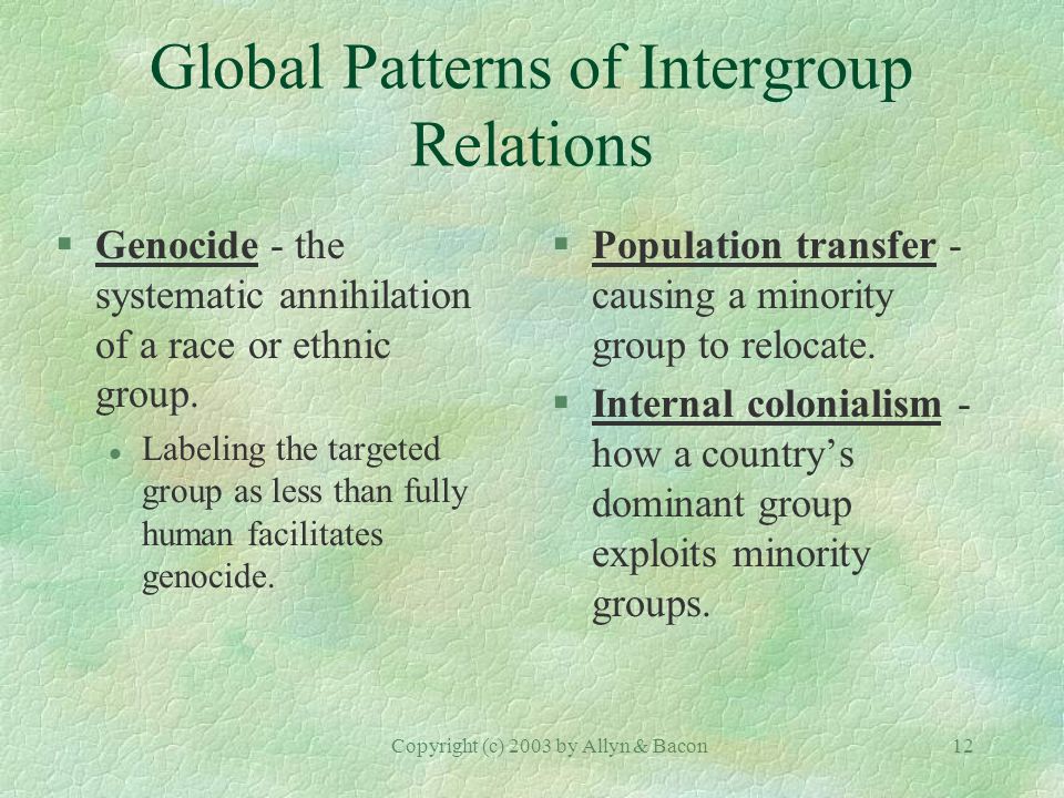 Copyright (c) 2003 by Allyn & Bacon12 Global Patterns of Intergroup Relations §Genocide - the systematic annihilation of a race or ethnic group.