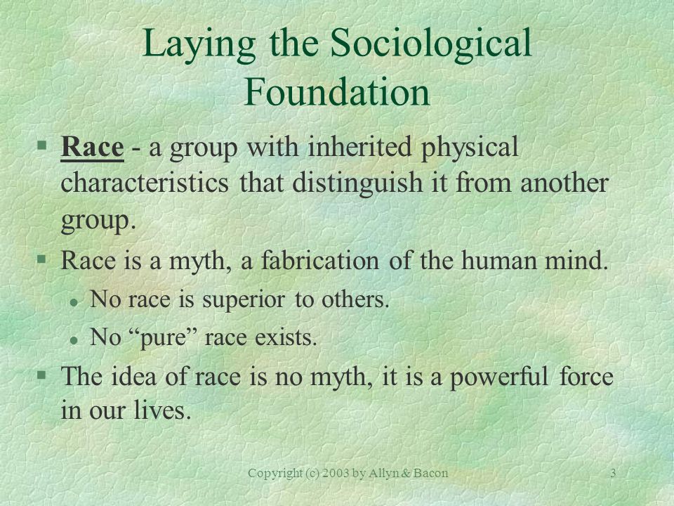 Copyright (c) 2003 by Allyn & Bacon3 Laying the Sociological Foundation §Race - a group with inherited physical characteristics that distinguish it from another group.