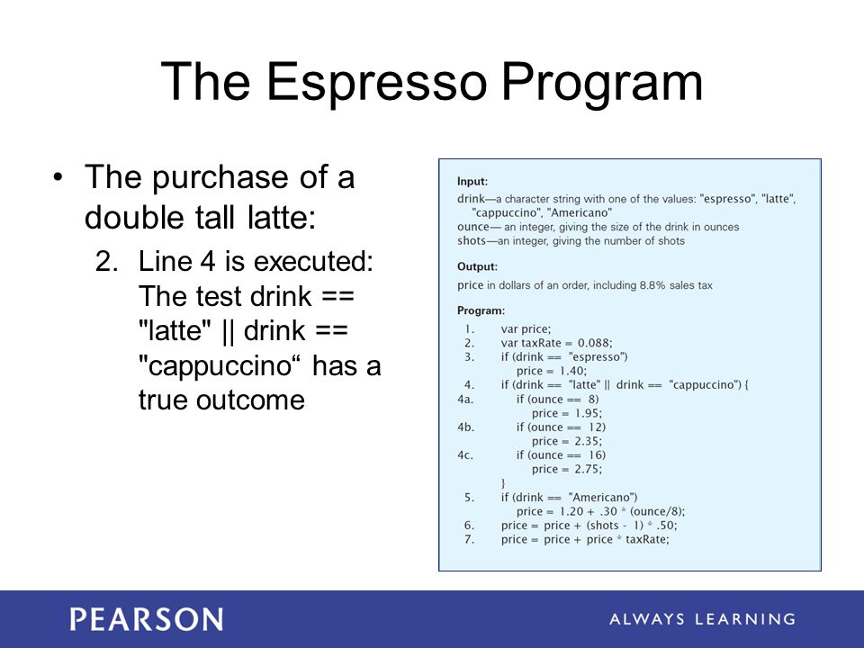 The Espresso Program The purchase of a double tall latte: 2.Line 4 is executed: The test drink == latte || drink == cappuccino has a true outcome