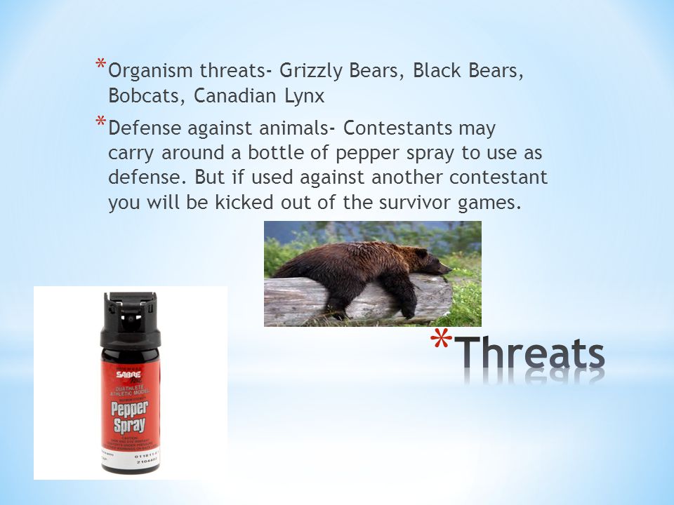 * Organism threats- Grizzly Bears, Black Bears, Bobcats, Canadian Lynx * Defense against animals- Contestants may carry around a bottle of pepper spray to use as defense.