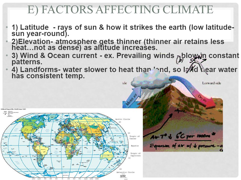 E) FACTORS AFFECTING CLIMATE 1) Latitude - rays of sun & how it strikes the earth (low latitude- sun year-round).
