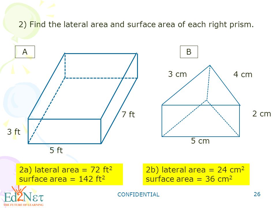 CONFIDENTIAL 26 2) Find the lateral area and surface area of each right prism.
