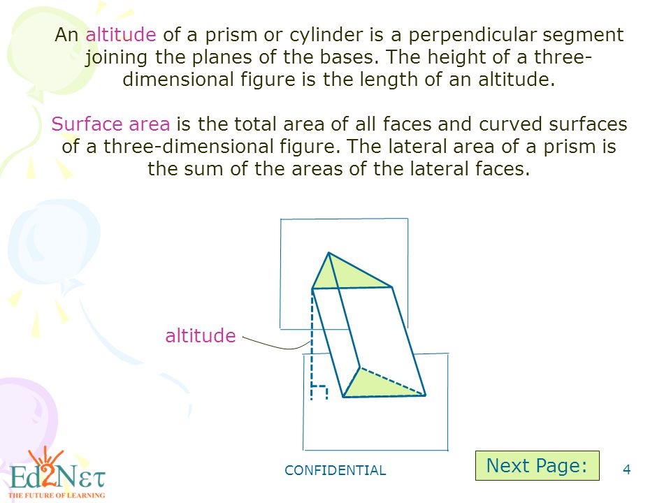 CONFIDENTIAL 4 An altitude of a prism or cylinder is a perpendicular segment joining the planes of the bases.