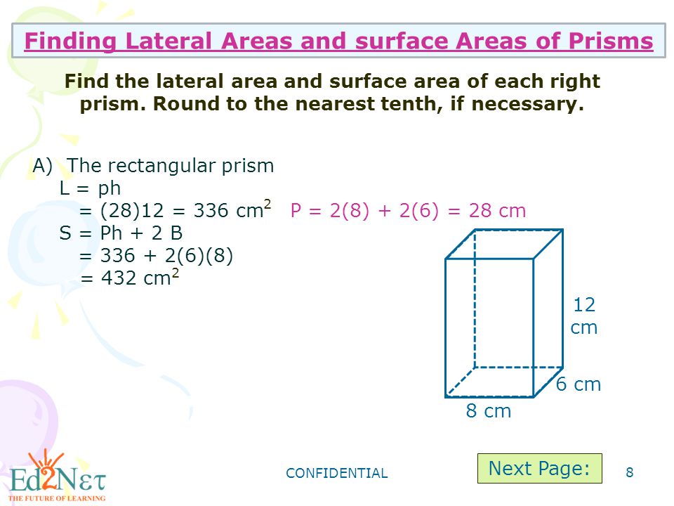 CONFIDENTIAL 8 Finding Lateral Areas and surface Areas of Prisms Find the lateral area and surface area of each right prism.