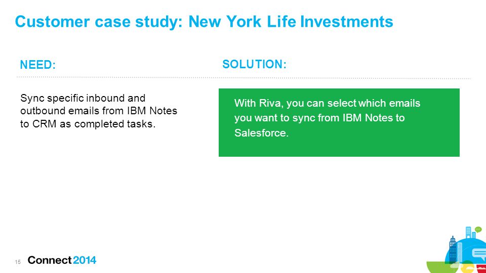 Customer case study: New York Life Investments Sync specific inbound and outbound  s from IBM Notes to CRM as completed tasks.