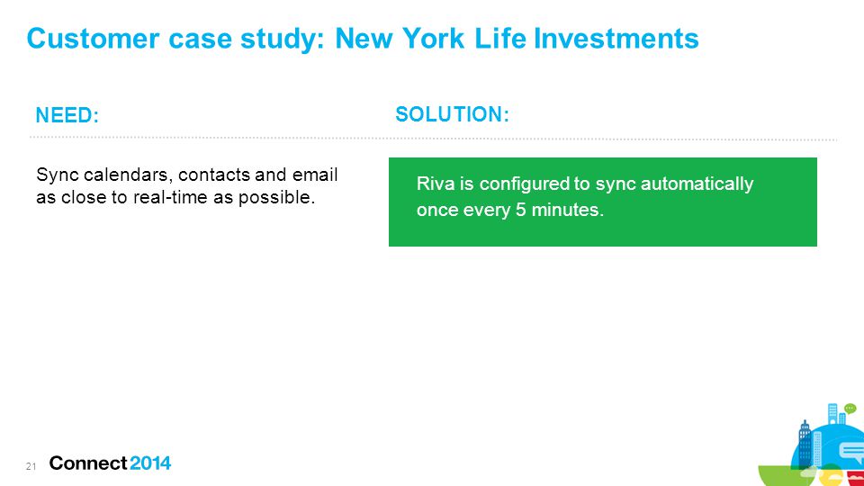 Customer case study: New York Life Investments Sync calendars, contacts and  as close to real-time as possible.
