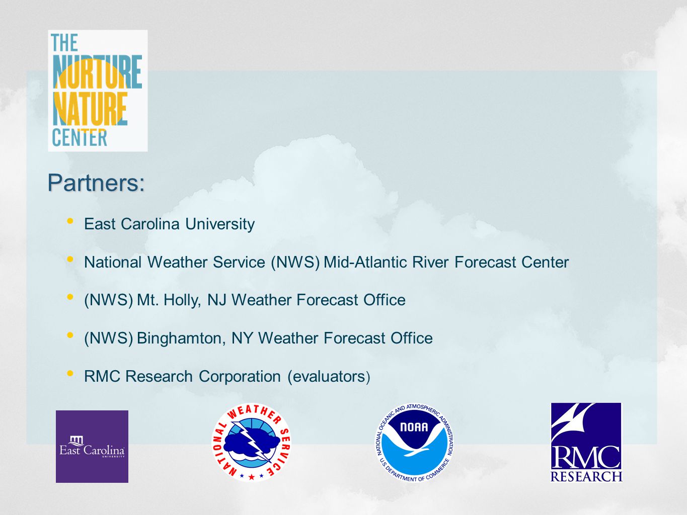 Partners: East Carolina University National Weather Service (NWS) Mid-Atlantic River Forecast Center (NWS) Mt.