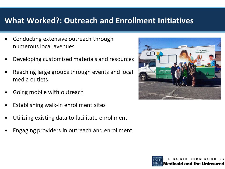 Conducting extensive outreach through numerous local avenues Developing customized materials and resources Reaching large groups through events and local media outlets Going mobile with outreach Establishing walk-in enrollment sites Utilizing existing data to facilitate enrollment Engaging providers in outreach and enrollment What Worked : Outreach and Enrollment Initiatives