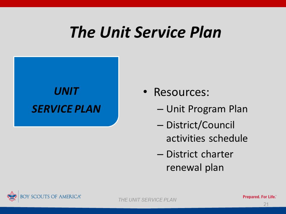 21 THE UNIT SERVICE PLAN The Unit Service Plan UNIT SERVICE PLAN Resources: – Unit Program Plan – District/Council activities schedule – District charter renewal plan