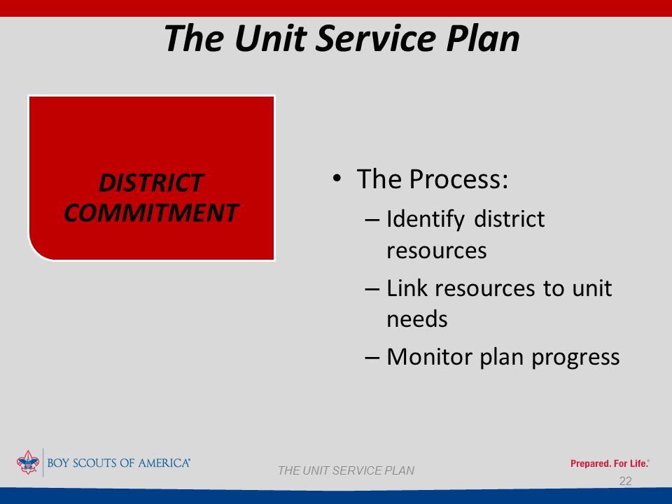 22 The Unit Service Plan DISTRICT COMMITMENT The Process: – Identify district resources – Link resources to unit needs – Monitor plan progress THE UNIT SERVICE PLAN