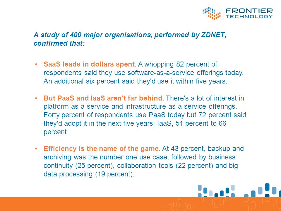 A study of 400 major organisations, performed by ZDNET, confirmed that: SaaS leads in dollars spent.
