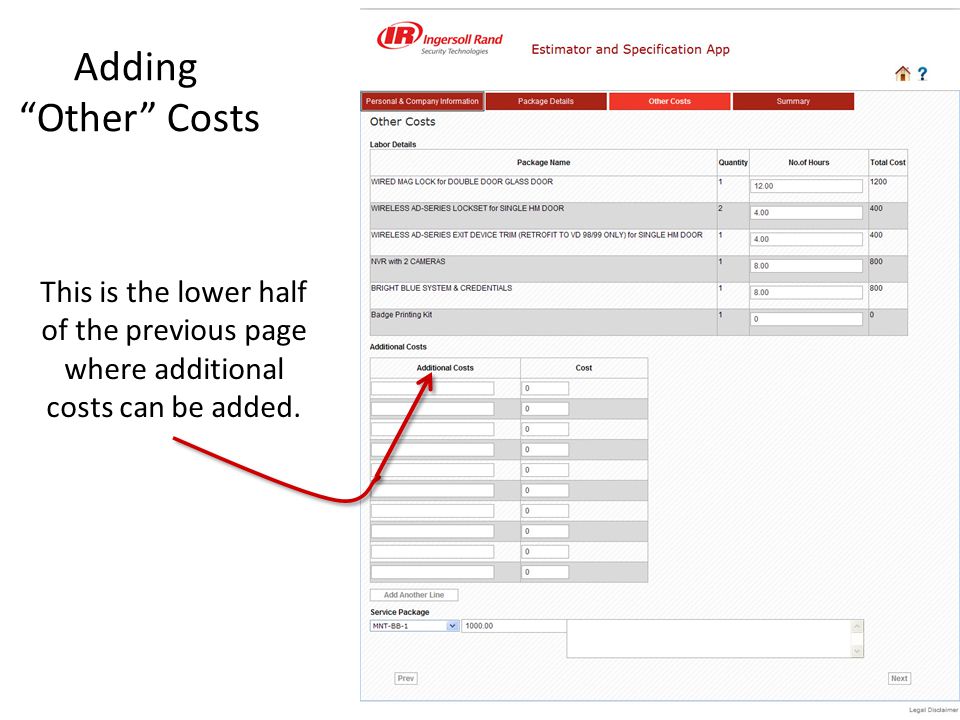 This is the lower half of the previous page where additional costs can be added.