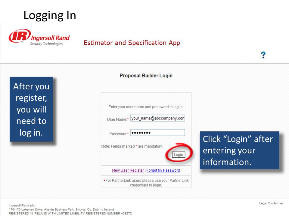 Click Login after entering your information. After you register, you will need to log in.