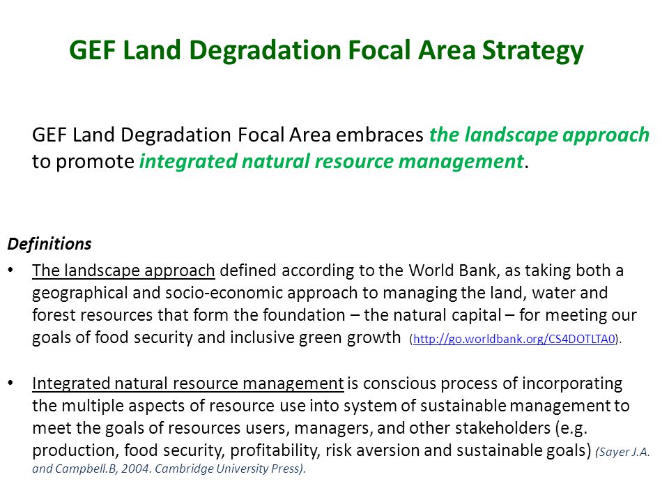 GEF Land Degradation Focal Area Strategy GEF Land Degradation Focal Area embraces the landscape approach to promote integrated natural resource management.