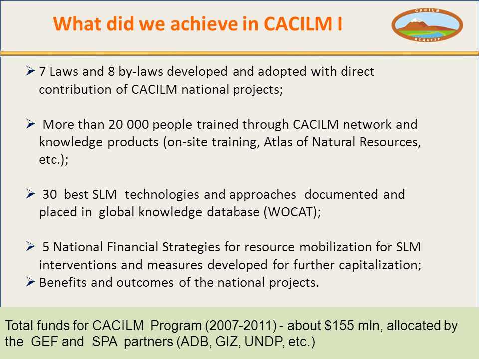 What did we achieve in CACILM I  7 Laws and 8 by-laws developed and adopted with direct contribution of CACILM national projects;  More than people trained through CACILM network and knowledge products (on-site training, Atlas of Natural Resources, etc.);  30 best SLM technologies and approaches documented and placed in global knowledge database (WOCAT);  5 National Financial Strategies for resource mobilization for SLM interventions and measures developed for further capitalization;  Benefits and outcomes of the national projects.