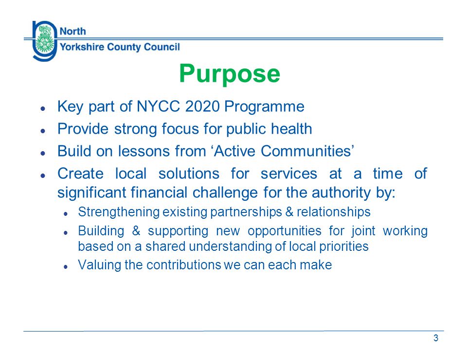 Purpose Key part of NYCC 2020 Programme Provide strong focus for public health Build on lessons from ‘Active Communities’ Create local solutions for services at a time of significant financial challenge for the authority by: Strengthening existing partnerships & relationships Building & supporting new opportunities for joint working based on a shared understanding of local priorities Valuing the contributions we can each make 3