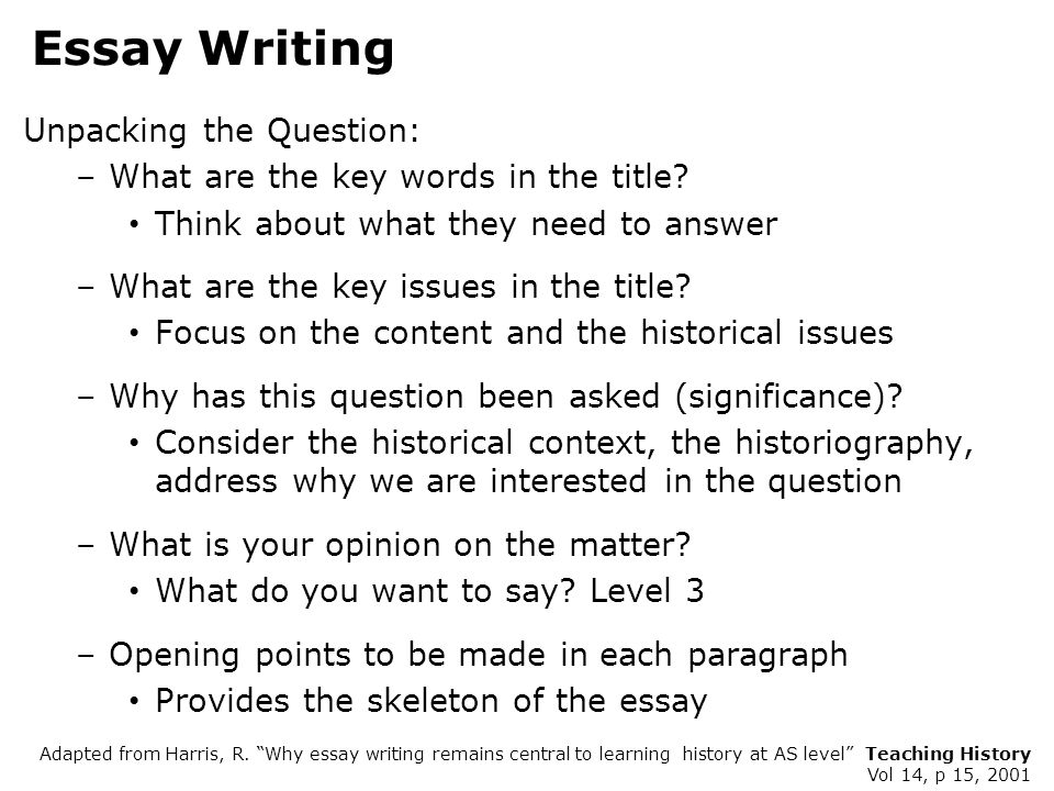 Essay Writing Unpacking the Question: –What are the key words in the title.