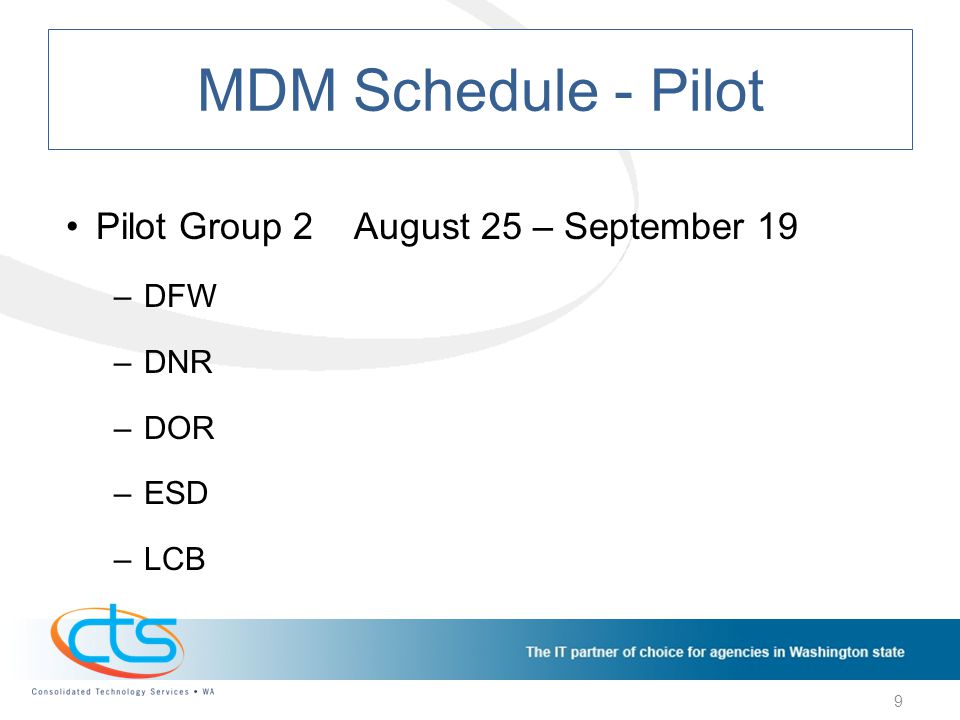 MDM Schedule - Pilot Pilot Group 2August 25 – September 19 –DFW –DNR –DOR –ESD –LCB 9