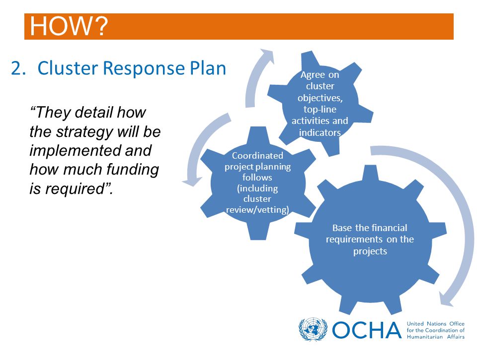 2.Cluster Response Plan Base the financial requirements on the projects Coordinated project planning follows (including cluster review/vetting) Agree on cluster objectives, top-line activities and indicators They detail how the strategy will be implemented and how much funding is required .