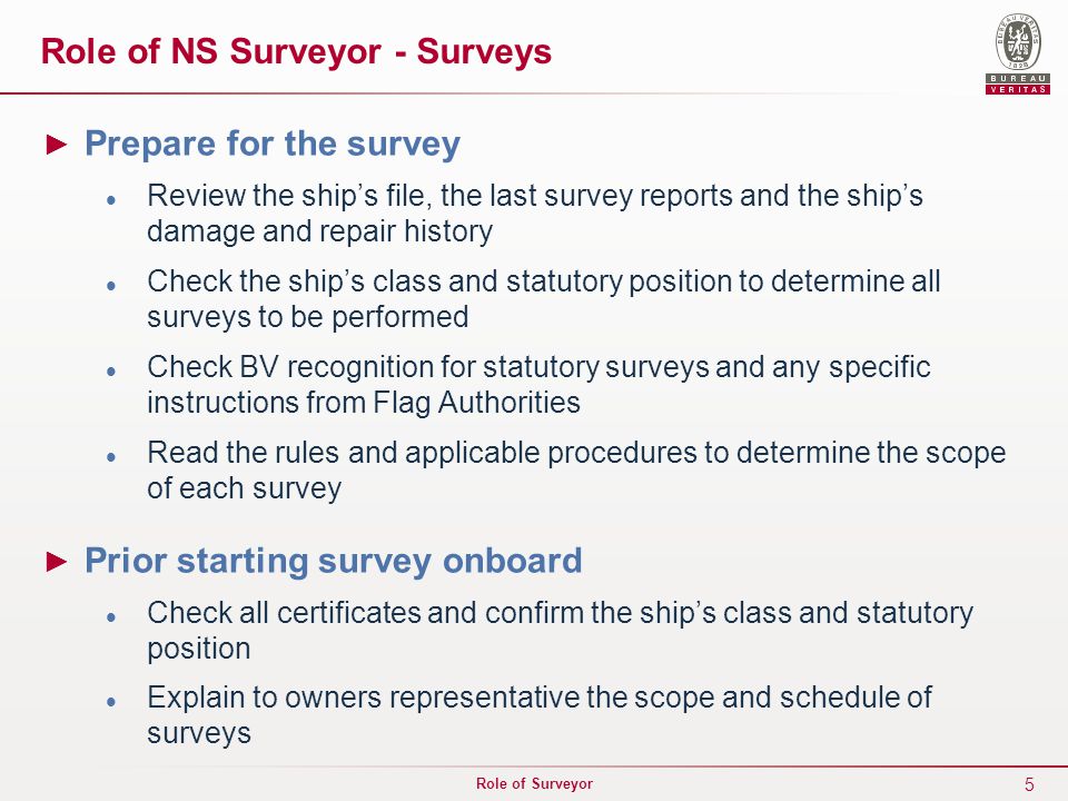 Role Of Surveyor 2 Role Of Classification Societies The Mission - 5 5 role of surveyor prepare for the survey review the ship s file the last survey reports and the ship s damage and repair history check the ship s