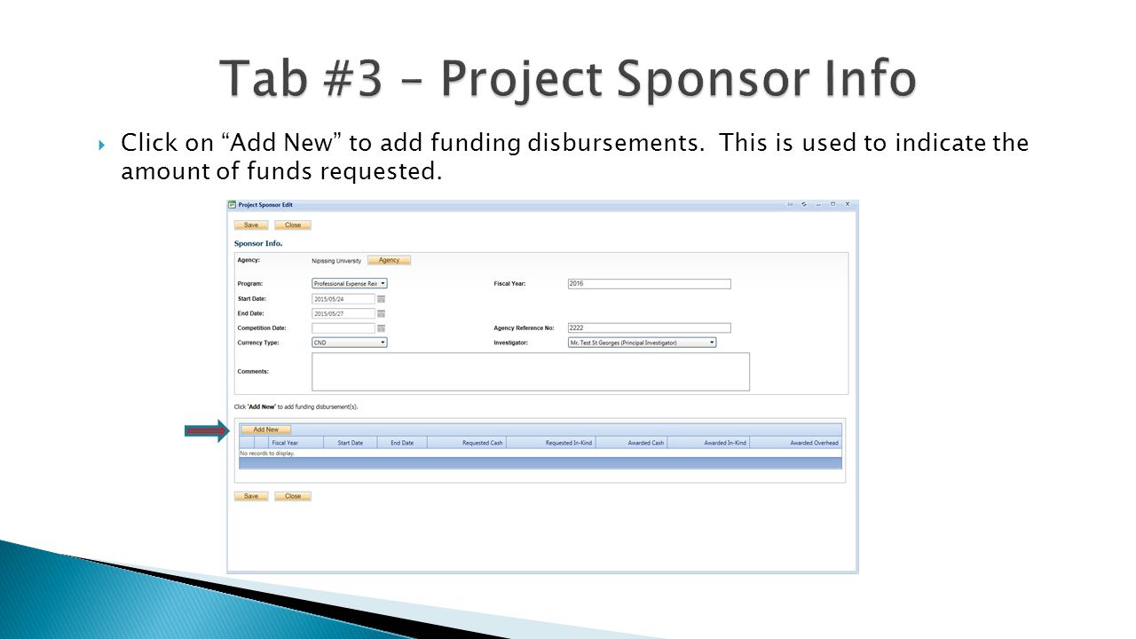  Click on Add New to add funding disbursements.