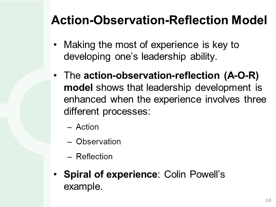 2-3 Action-Observation-Reflection Model Making the most of experience is key to developing one’s leadership ability.