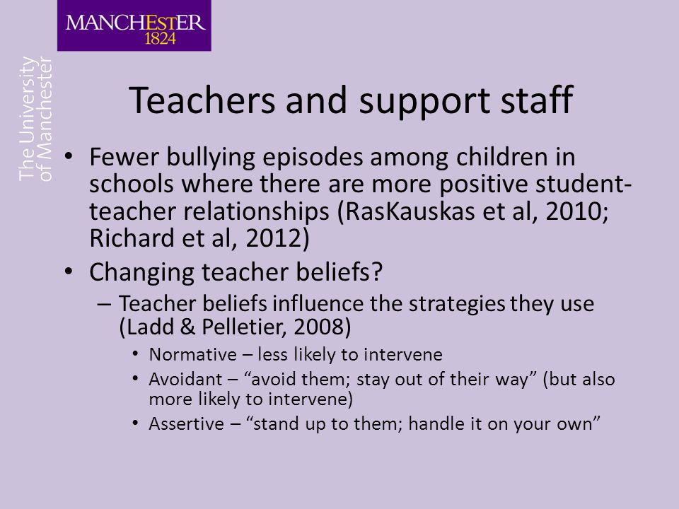 Teachers and support staff Fewer bullying episodes among children in schools where there are more positive student- teacher relationships (RasKauskas et al, 2010; Richard et al, 2012) Changing teacher beliefs.