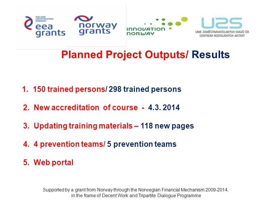 Planned Project Outputs/ Results trained persons/ 298 trained persons 2.