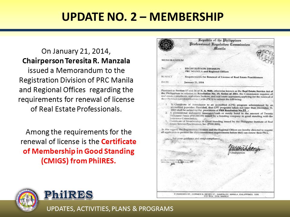 UPDATES, ACTIVITIES, PLANS & PROGRAMS HON. RODOLFO G. VALENCIA National President PhilRES, Inc. Presented by: 05 September 2014, World Trade Center, Pasay. - ppt download - 웹