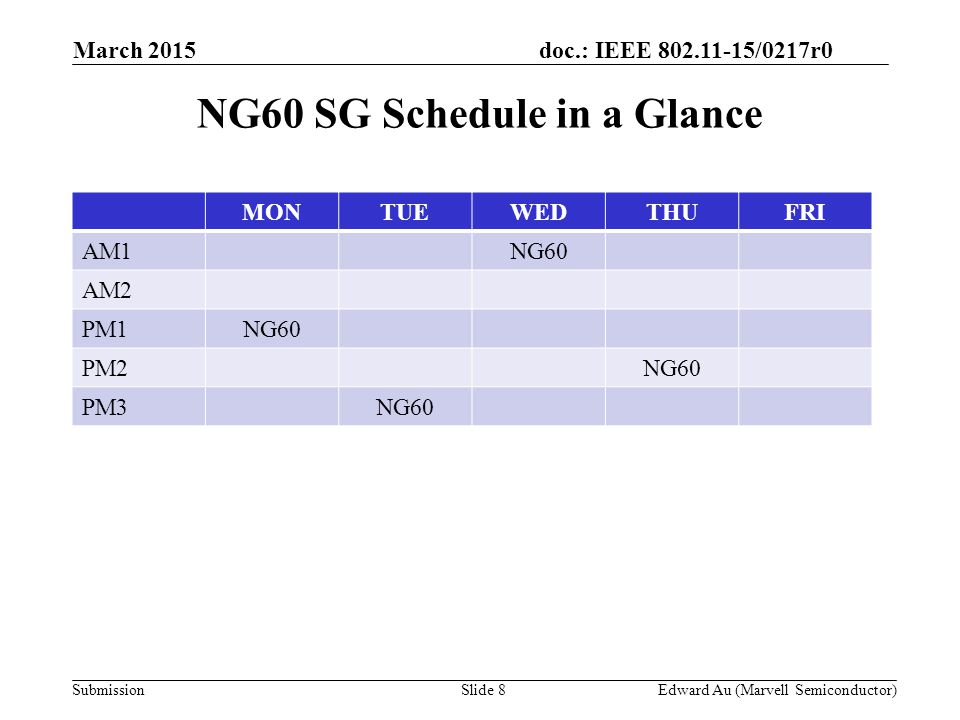 doc.: IEEE /0217r0 SubmissionSlide 8 NG60 SG Schedule in a Glance MONTUEWEDTHUFRI AM1NG60 AM2 PM1NG60 PM2NG60 PM3NG60 Edward Au (Marvell Semiconductor) March 2015