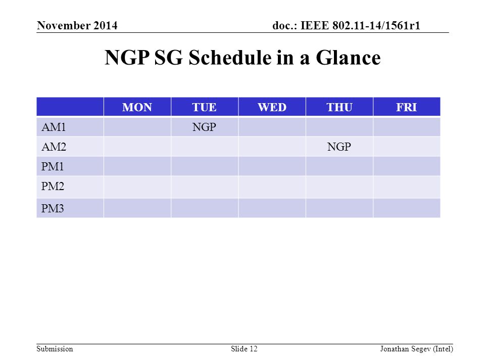 doc.: IEEE /1561r1 SubmissionSlide 12 NGP SG Schedule in a Glance MONTUEWEDTHUFRI AM1NGP AM2NGP PM1 PM2 PM3 November 2014 Jonathan Segev (Intel)