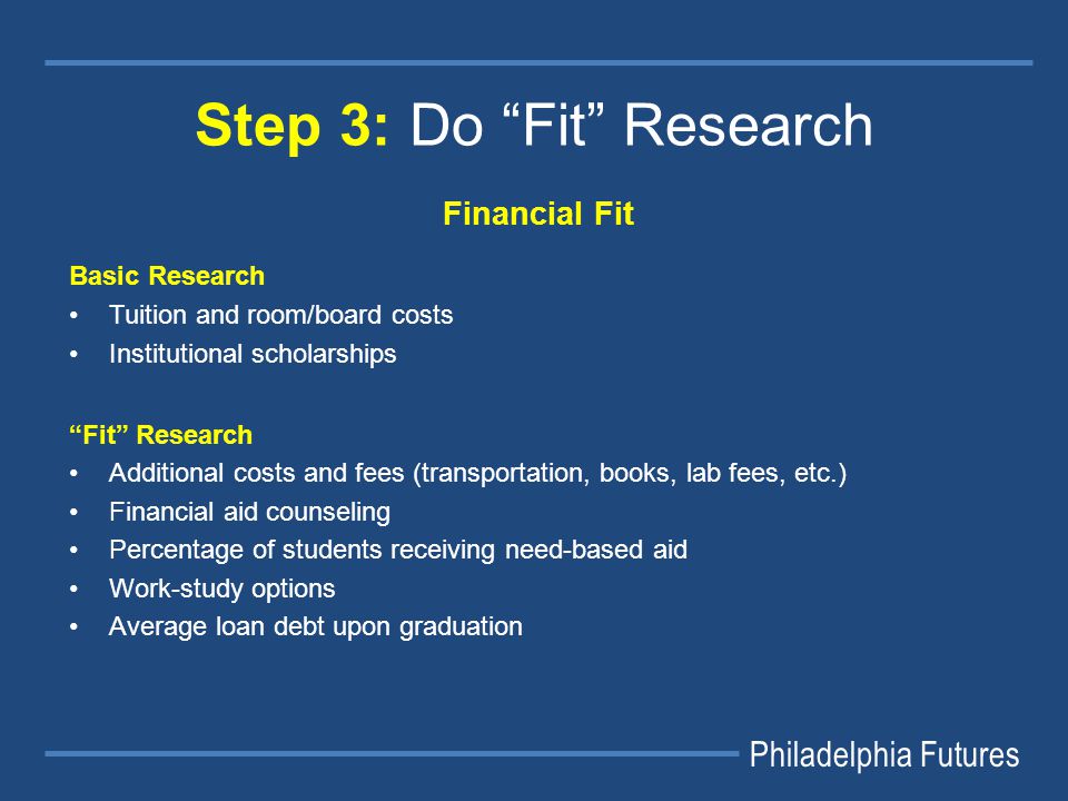 Philadelphia Futures Step 3: Do Fit Research Financial Fit Basic Research Tuition and room/board costs Institutional scholarships Fit Research Additional costs and fees (transportation, books, lab fees, etc.) Financial aid counseling Percentage of students receiving need-based aid Work-study options Average loan debt upon graduation